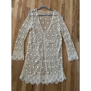 Y2K Crochet Daisy Long Open Duster Cardigan Boho Festival Tie Womens Size Medium